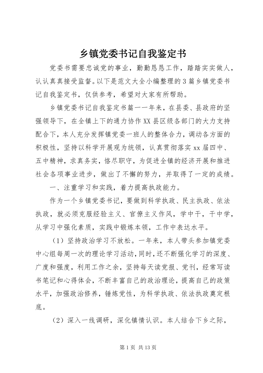 2023年乡镇党委书记自我鉴定书.docx_第1页