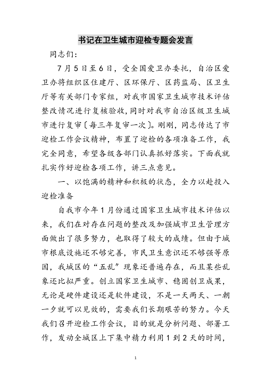 2023年书记在卫生城市迎检专题会发言范文.doc_第1页