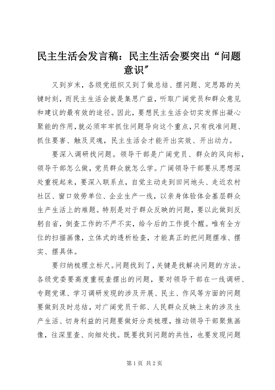 2023年民主生活会讲话稿民主生活会要突出“问题意识”.docx_第1页