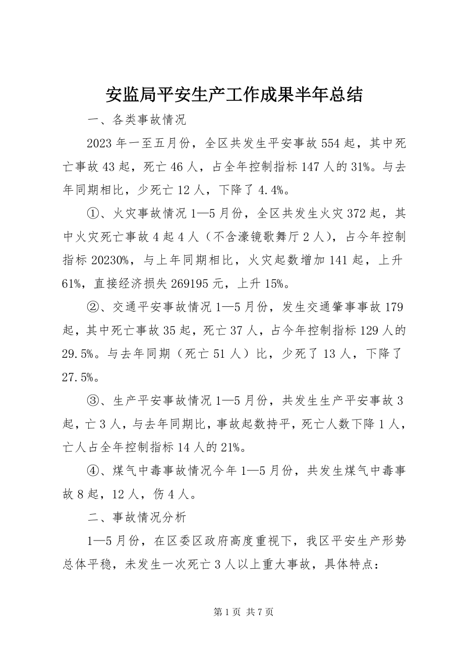 2023年安监局安全生产工作成果半年总结新编.docx_第1页