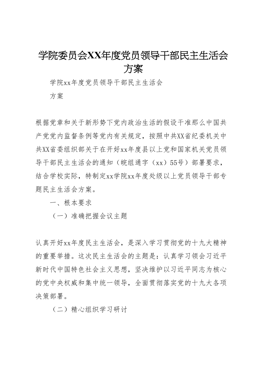 2023年学院委员会年度党员领导干部民主生活会方案 3.doc_第1页