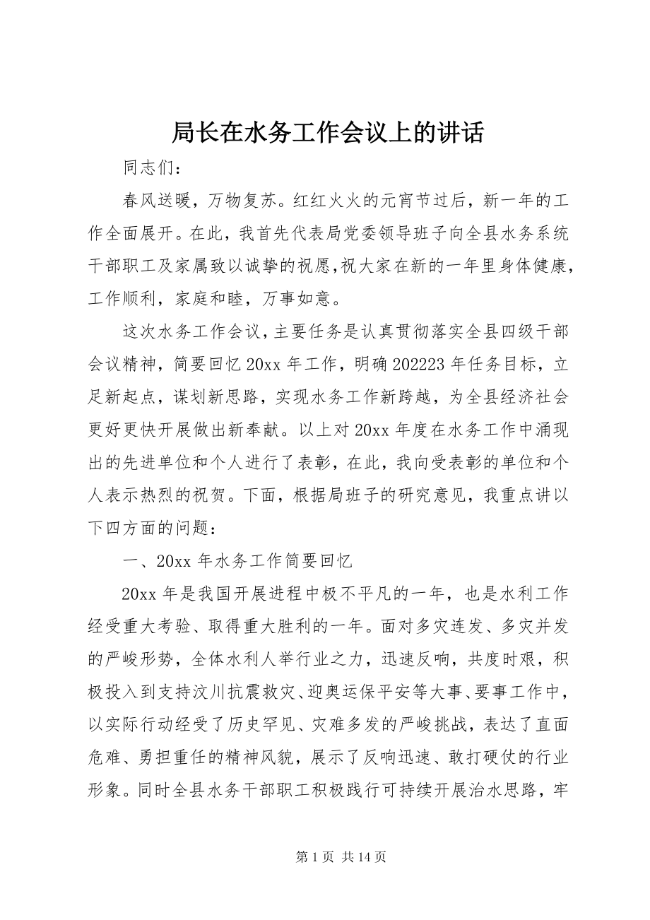 2023年局长在水务工作会议上的致辞.docx_第1页