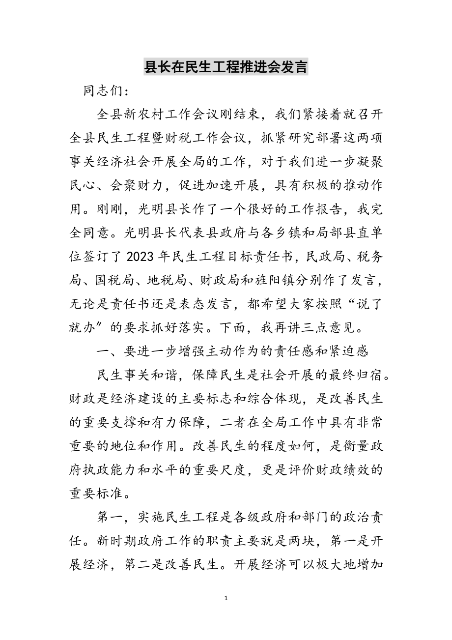 2023年县长在民生工程推进会发言范文.doc_第1页