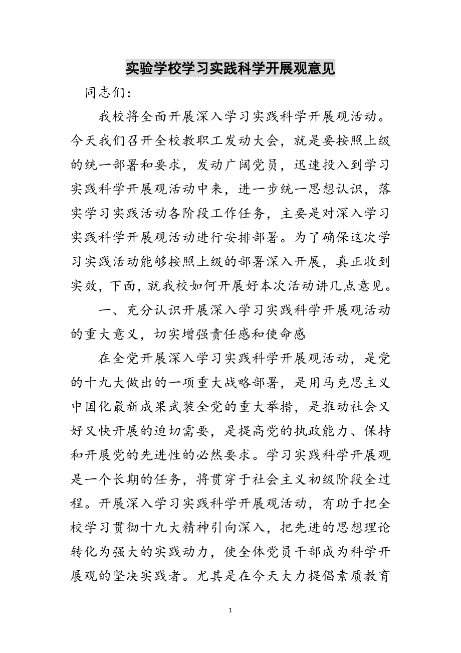 2023年实验学校学习实践科学发展观意见范文.doc_第1页