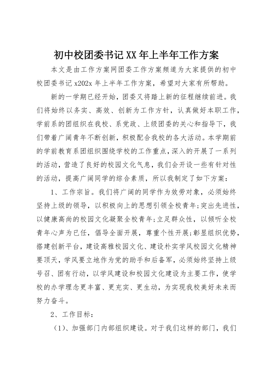 2023年初中校团委书记某年上半年工作计划.docx_第1页