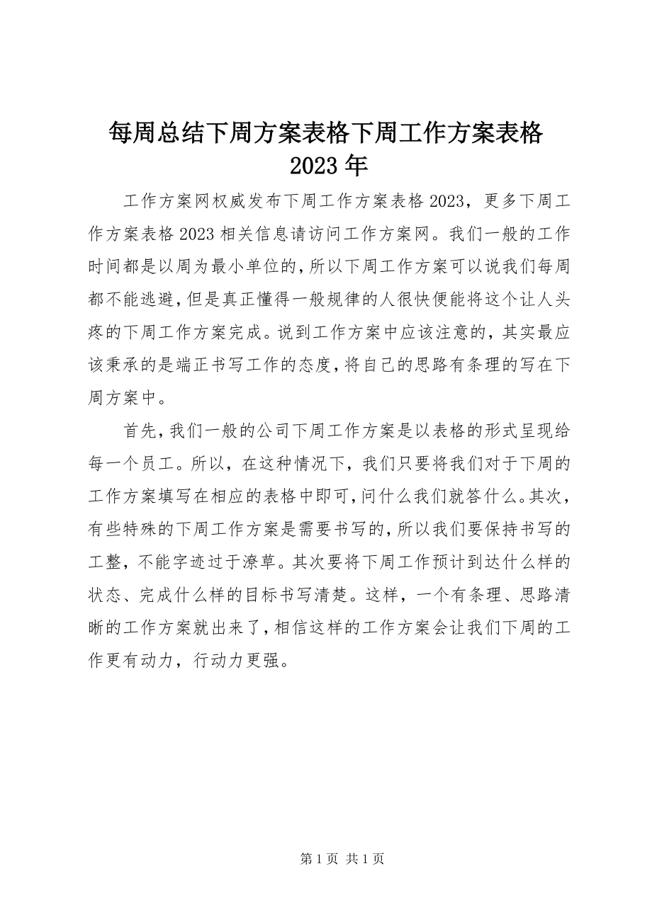 2023年每周总结下周计划表格下周工作计划表格.docx_第1页