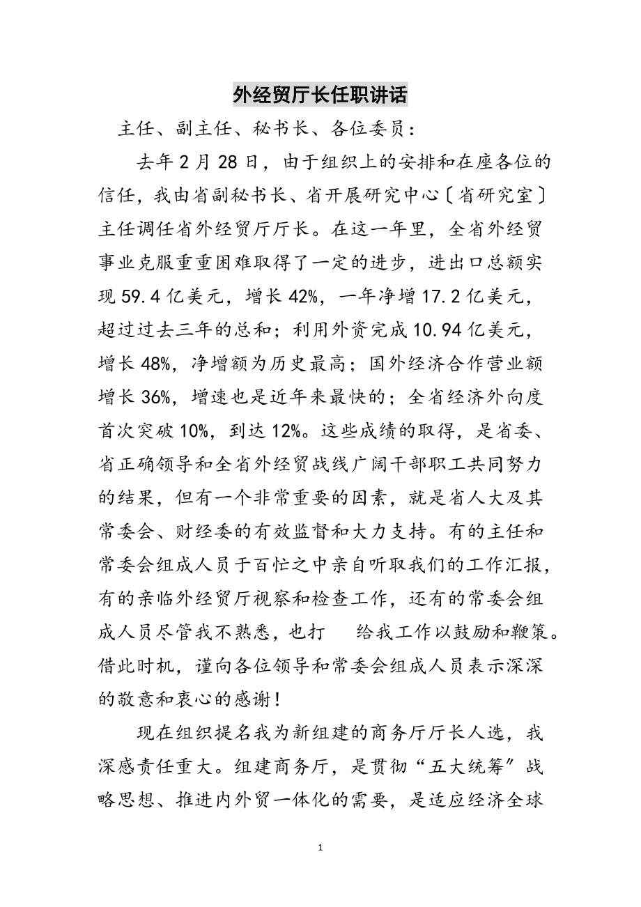 2023年外经贸厅长任职讲话范文.doc_第1页