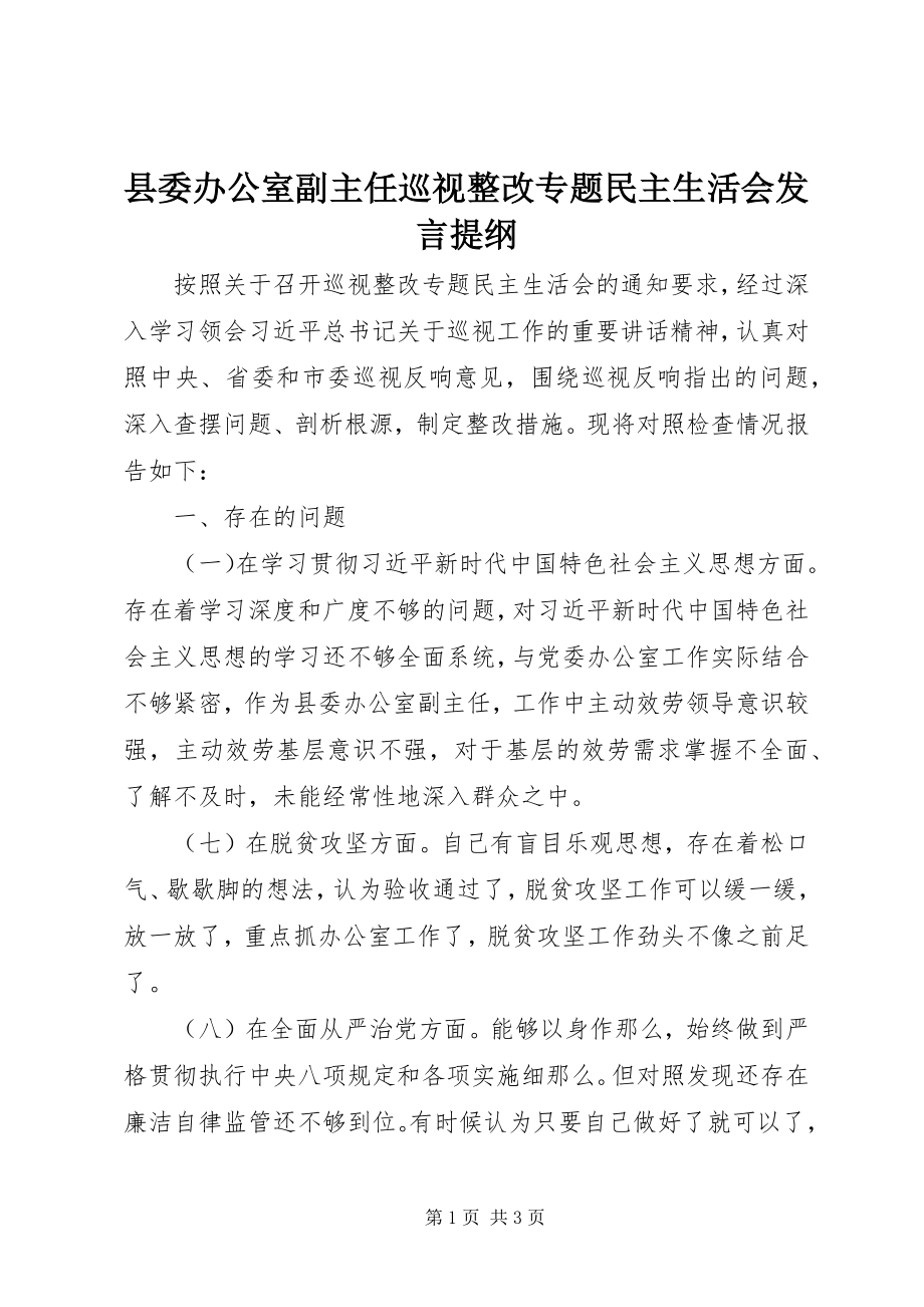 2023年县委办公室副主任巡视整改专题民主生活会讲话提纲.docx_第1页