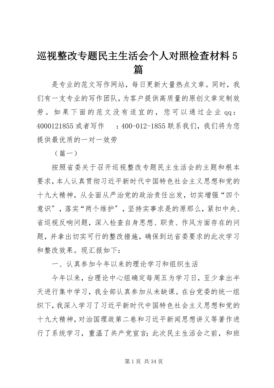 2023年巡视整改专题民主生活会个人对照检查材料5篇.docx_第1页