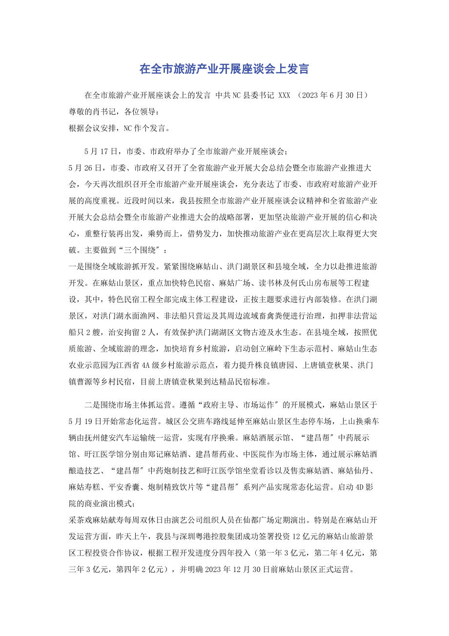 2023年在全市旅游产业发展座谈会上发言.docx_第1页