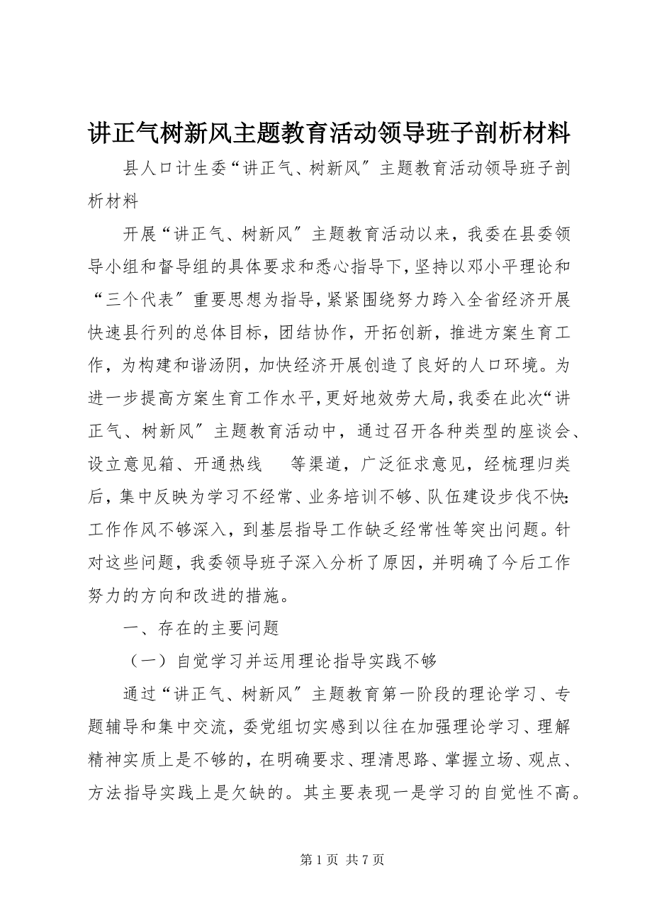 2023年讲正气树新风主题教育活动领导班子剖析材料.docx_第1页