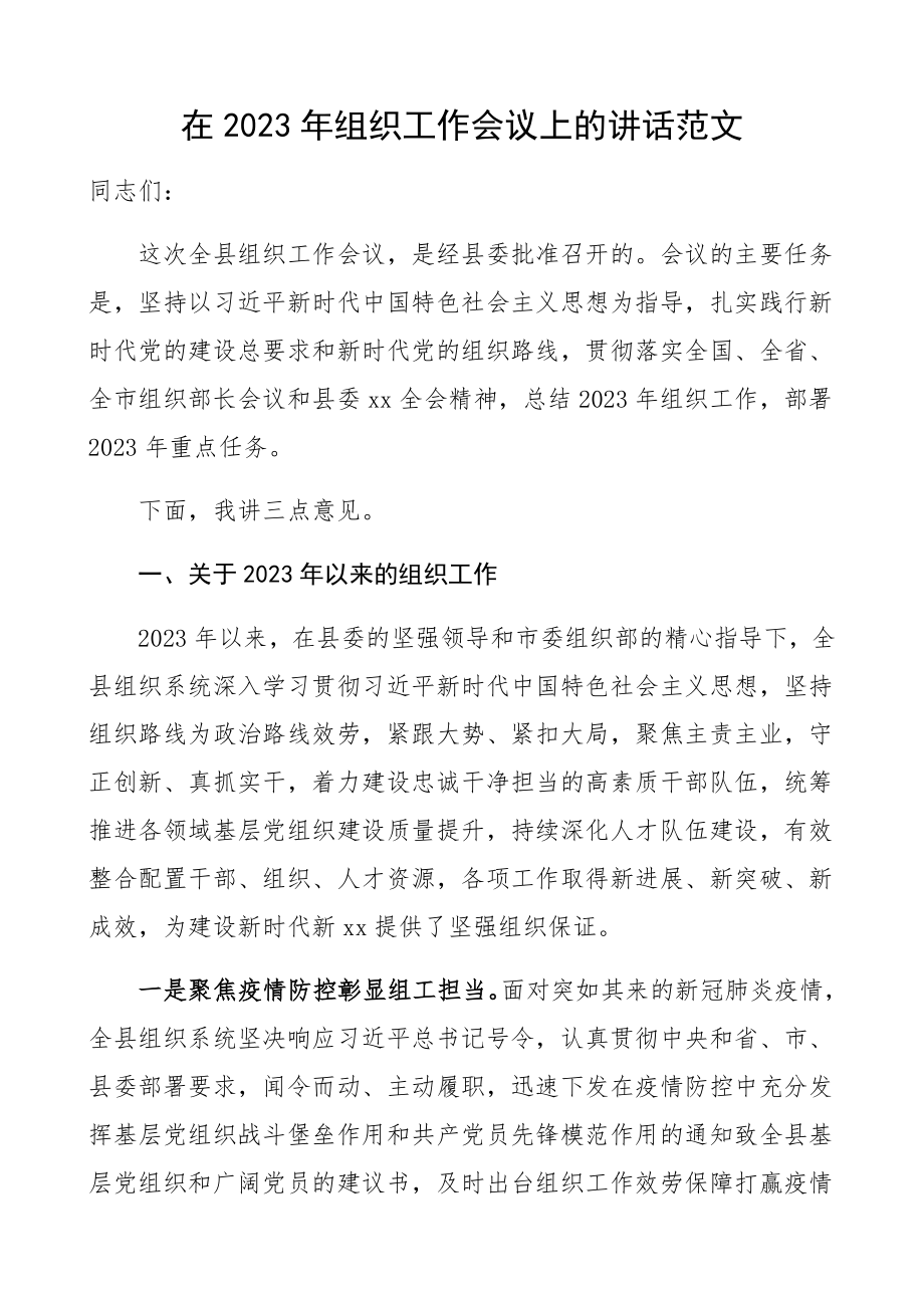 在2023年组织工作会议上的讲话领导讲话精编.docx_第1页