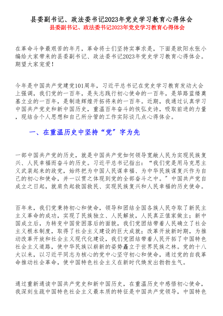 县委副书记、政法委书记2023年党史学习教育心得体会.doc_第1页