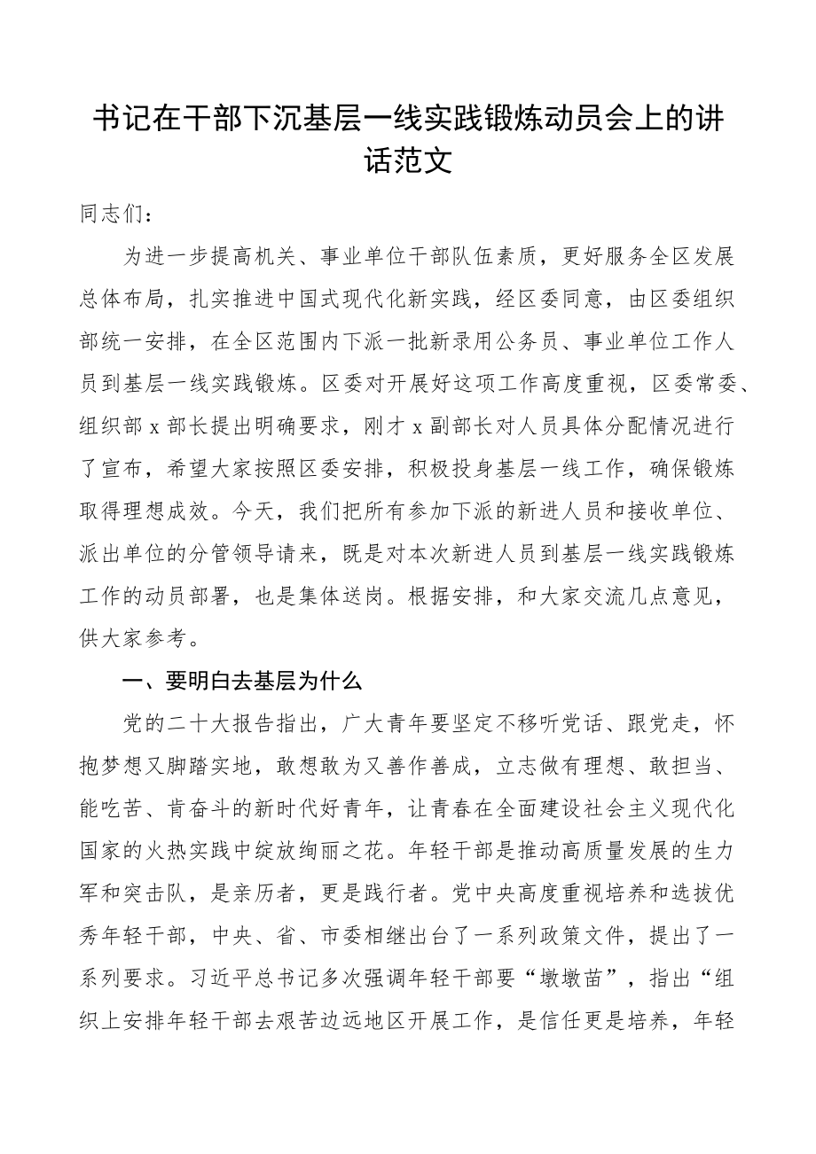 全区干部下沉基层一线实践锻炼动员会讲话会议 .docx_第1页