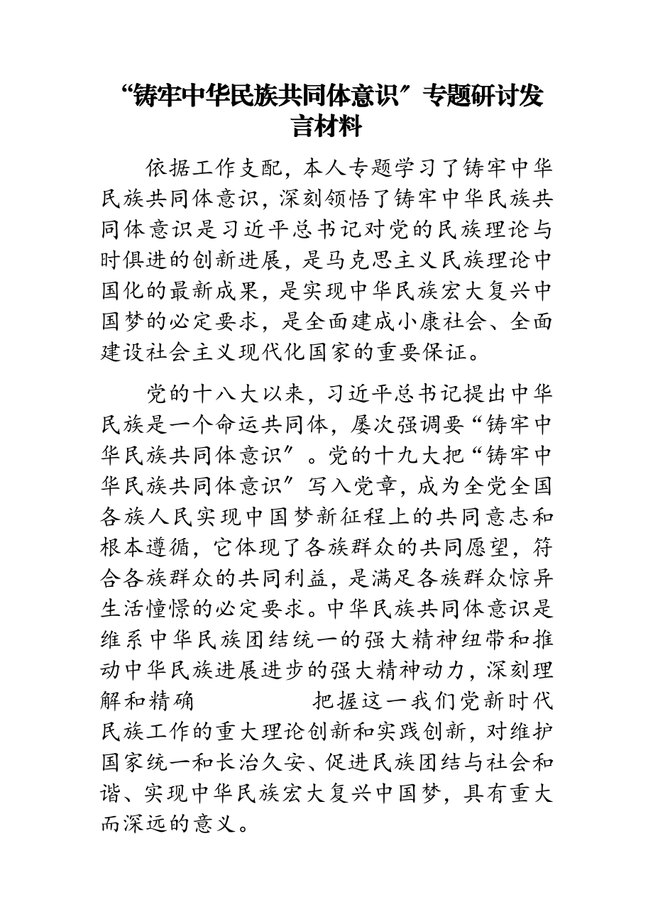 2023年“铸牢中华民族共同体意识”专题研讨发言材料.doc_第1页