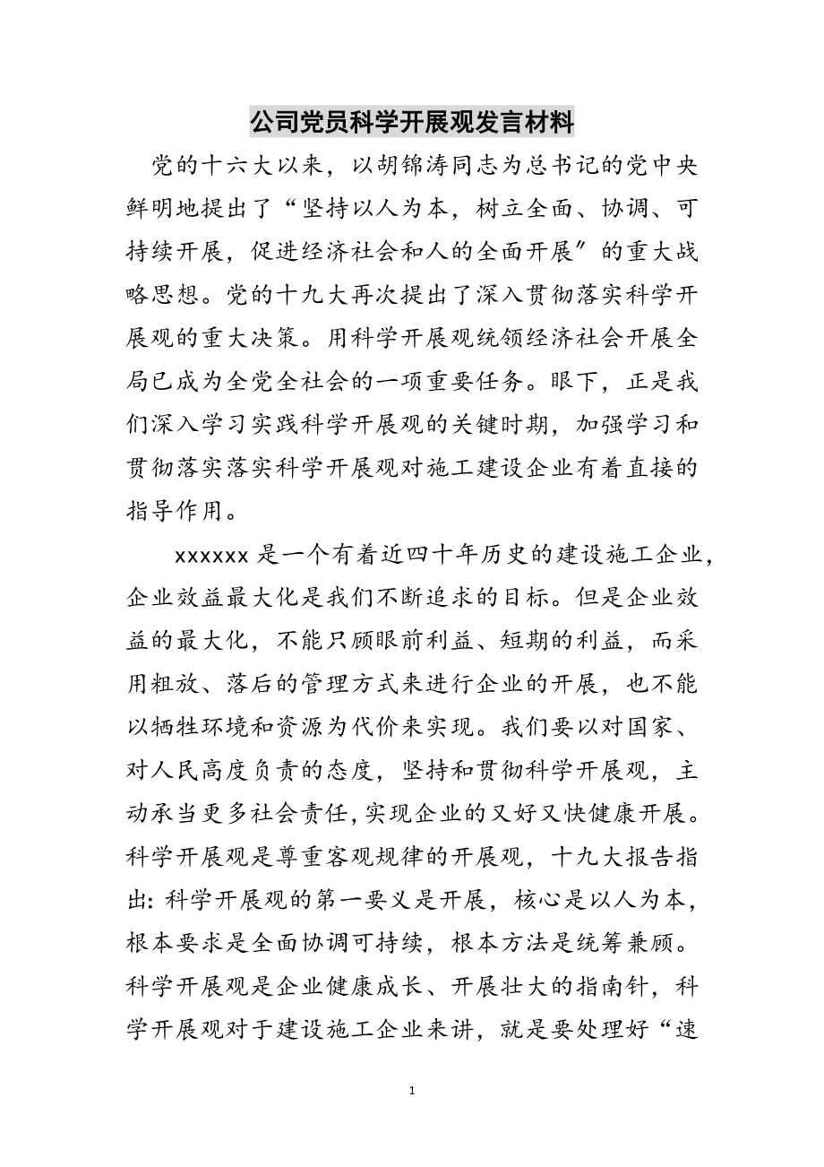 2023年公司党员科学发展观发言材料范文.doc_第1页