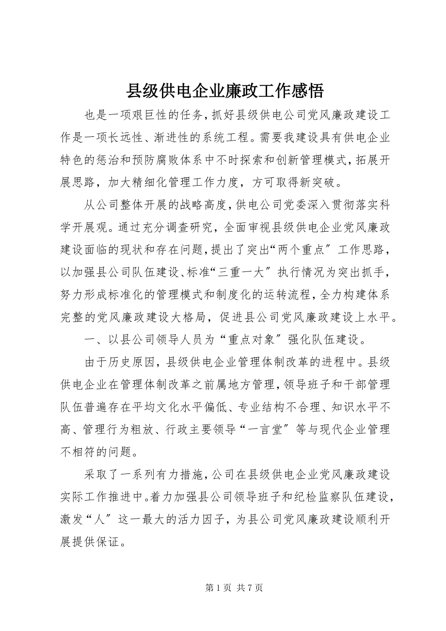 2023年县级供电企业廉政工作感悟.docx_第1页