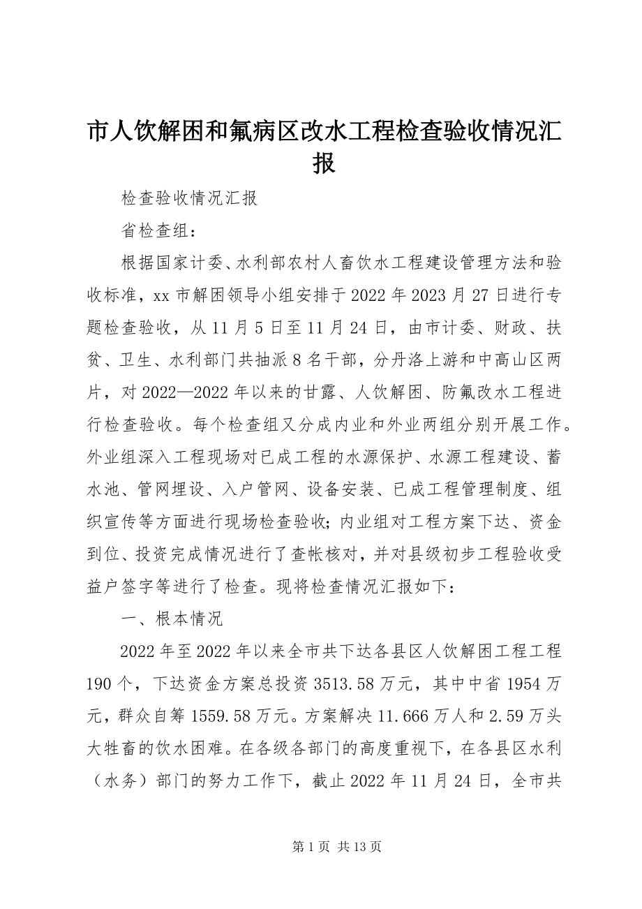 2023年市人饮解困和氟病区改水工程检查验收情况汇报.docx_第1页