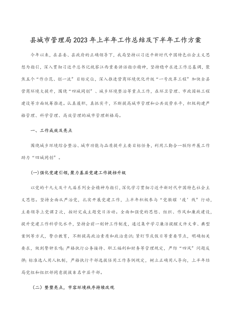 县城市管理局2023年上半年工作总结及下半年工作计划.docx_第1页