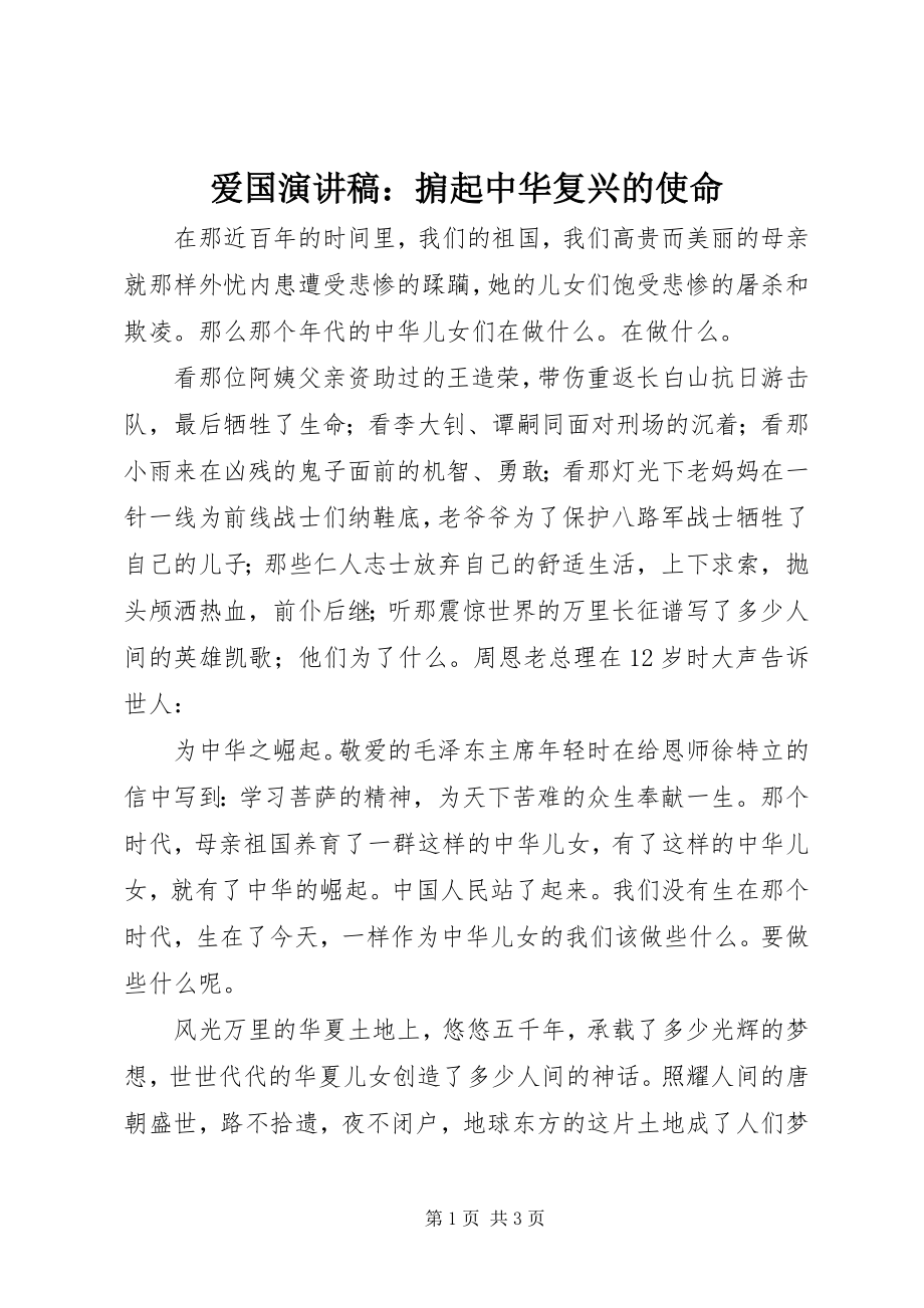 2023年爱国演讲稿掮起中华复兴的使命新编.docx_第1页