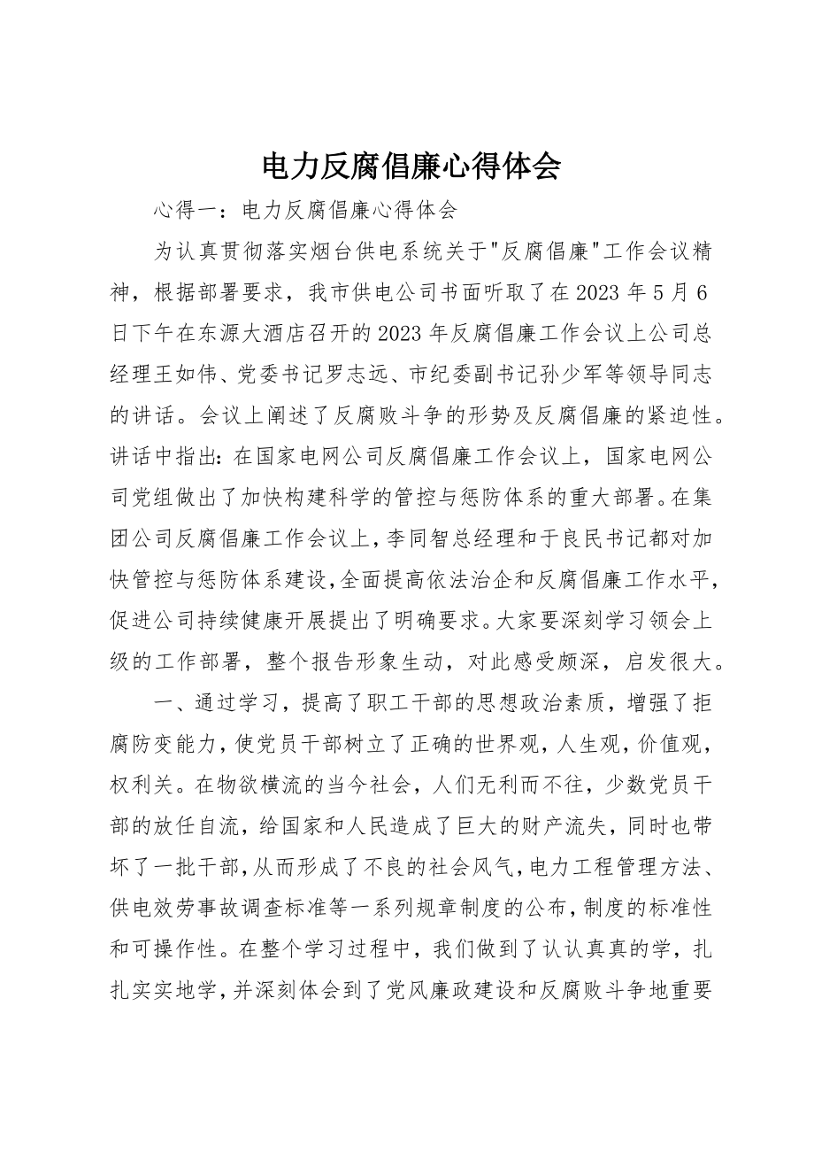 2023年电力反腐倡廉心得体会新编.docx_第1页