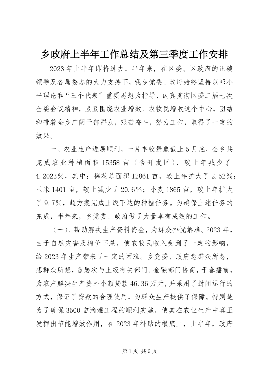 2023年乡政府上半年工作总结及第三季度工作安排.docx_第1页