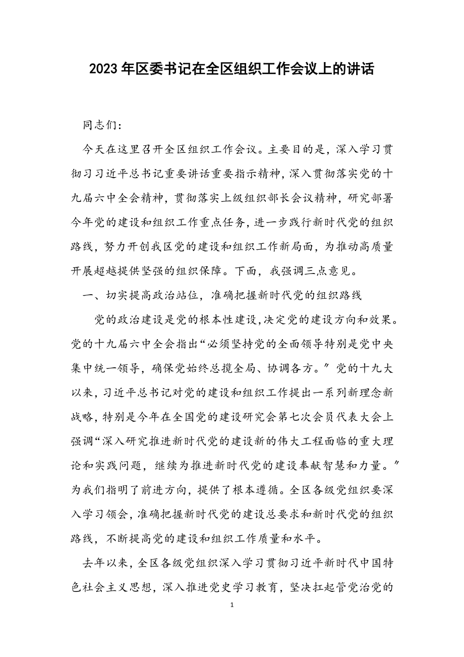 2023年区委书记在全区组织工作会议上的讲话.docx_第1页