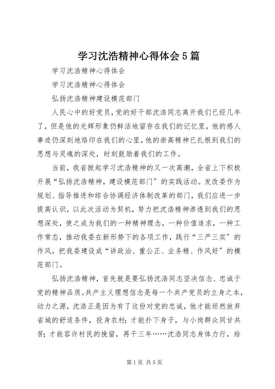 2023年学习沈浩精神心得体会5篇.docx_第1页