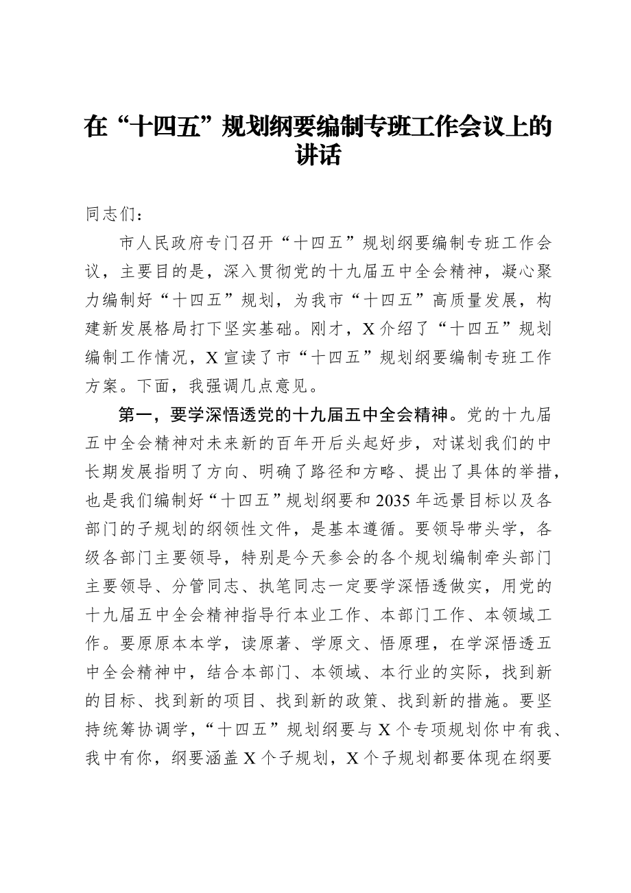 在十四五规划纲要编制专班工作会议上的讲话.docx_第1页