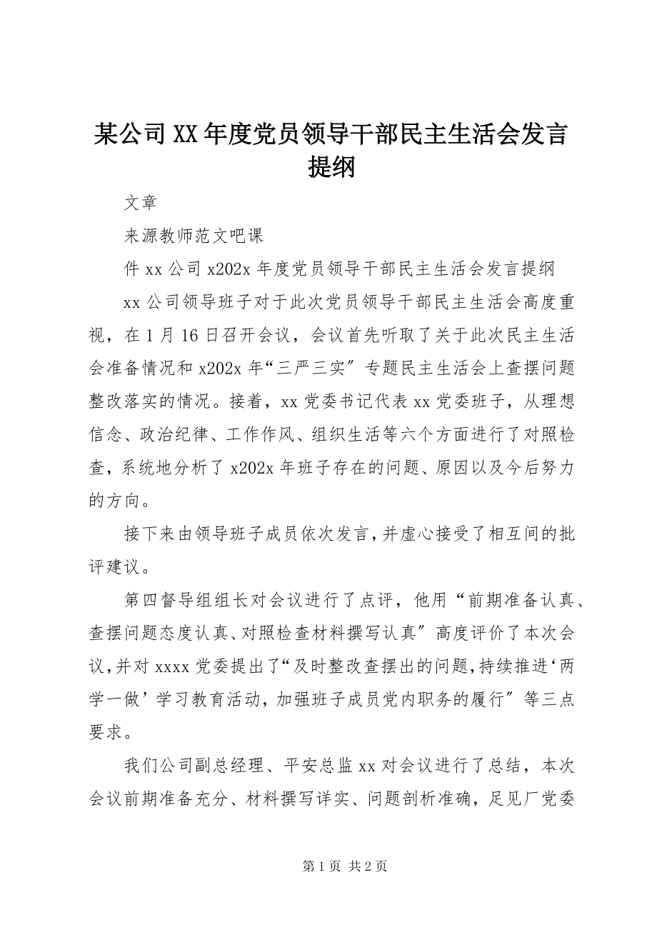 2023年某公司度党员领导干部民主生活会讲话提纲.docx_第1页