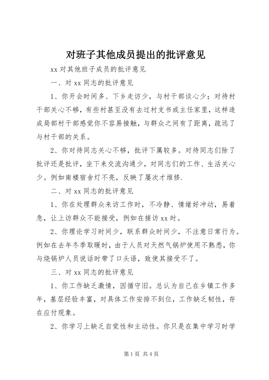 2023年对班子其他成员提出的批评意见.docx_第1页