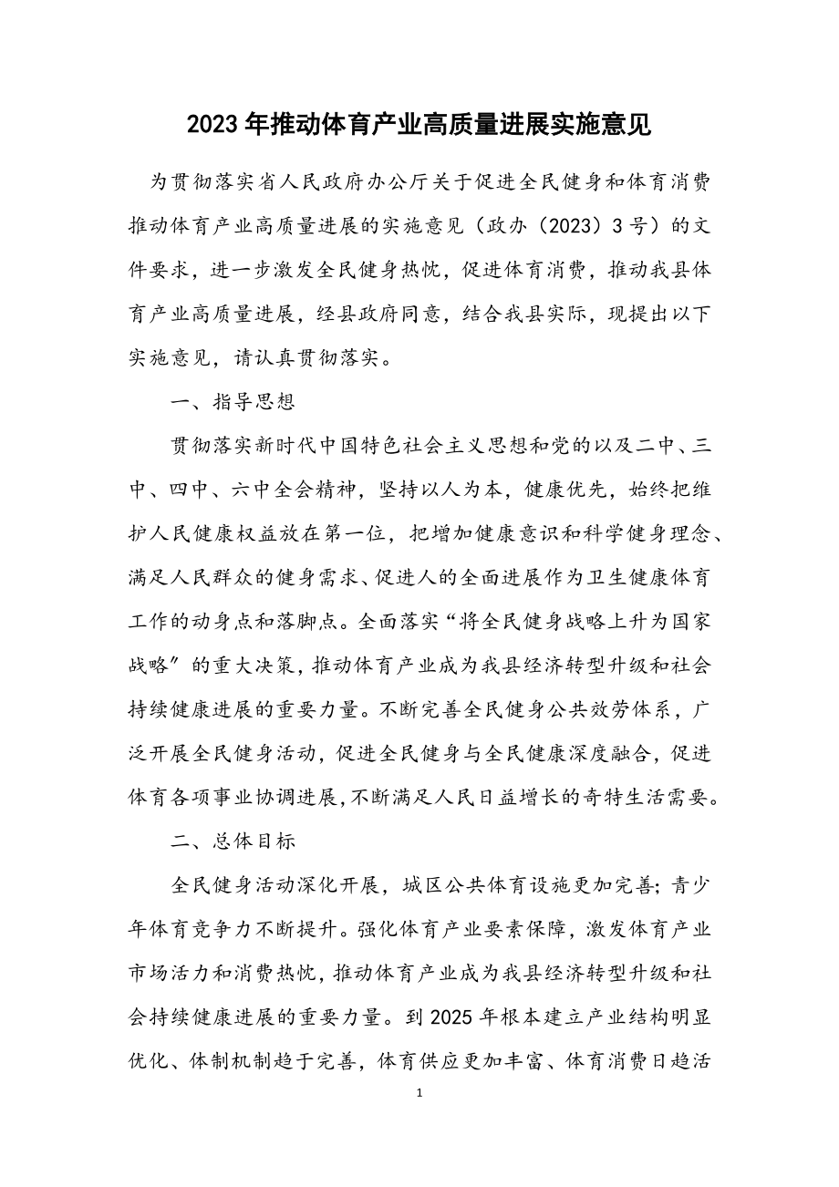 2023年推动体育产业高质量发展实施意见.docx_第1页