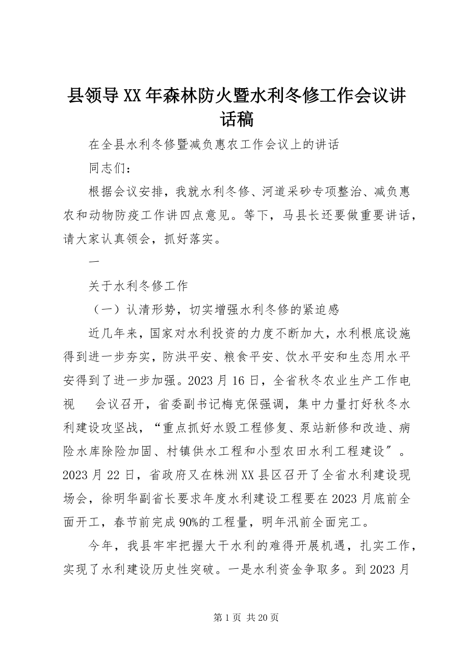 2023年县领导森林防火暨水利冬修工作会议致辞稿.docx_第1页