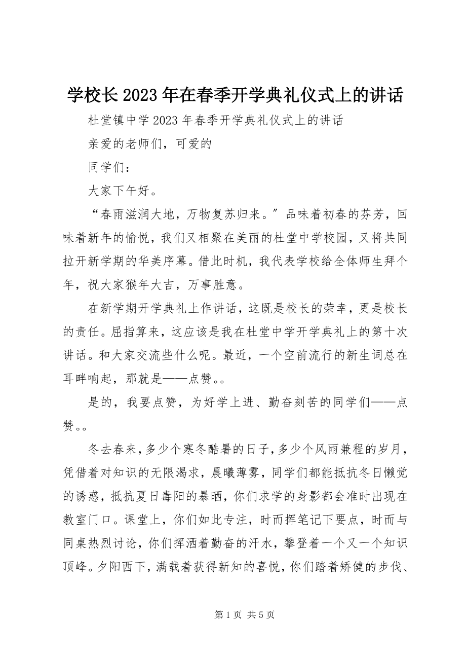 2023年学校长在春季开学典礼仪式上的致辞.docx_第1页