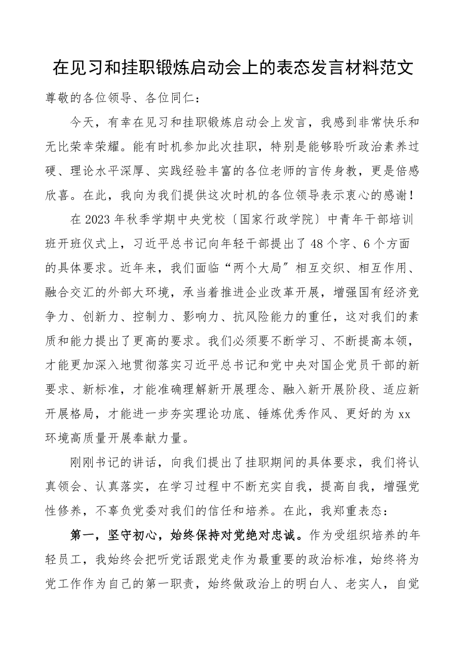 在见习和挂职锻炼启动会上的表态发言材料范文会议仪式.docx_第1页