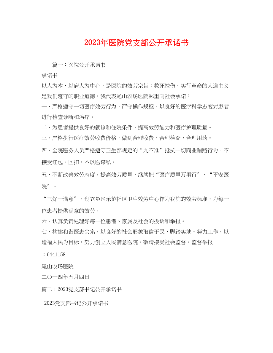 2023年医院党支部公开承诺书.docx_第1页