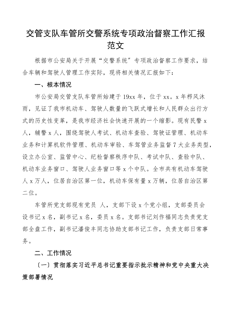 交管支队车管所交警系统专项政治督察工作汇报范文.docx_第1页