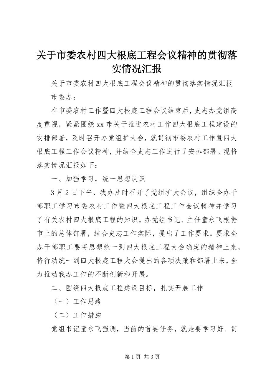 2023年市委农村四大基础工程会议精神的贯彻落实情况汇报.docx_第1页