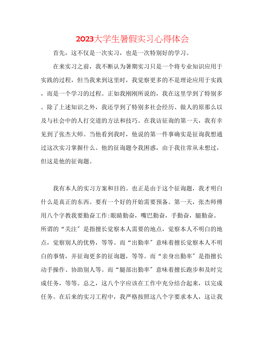 2023年大学生暑假实习心得体会.docx_第1页