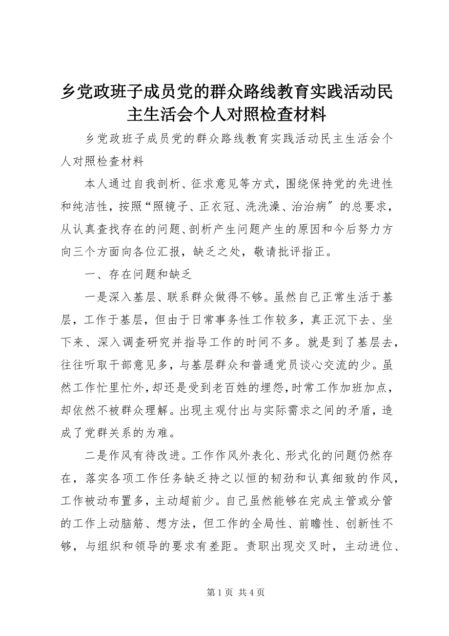 2023年乡党政班子成员党的群众路线教育实践活动民主生活会个人对照检查材料.docx_第1页