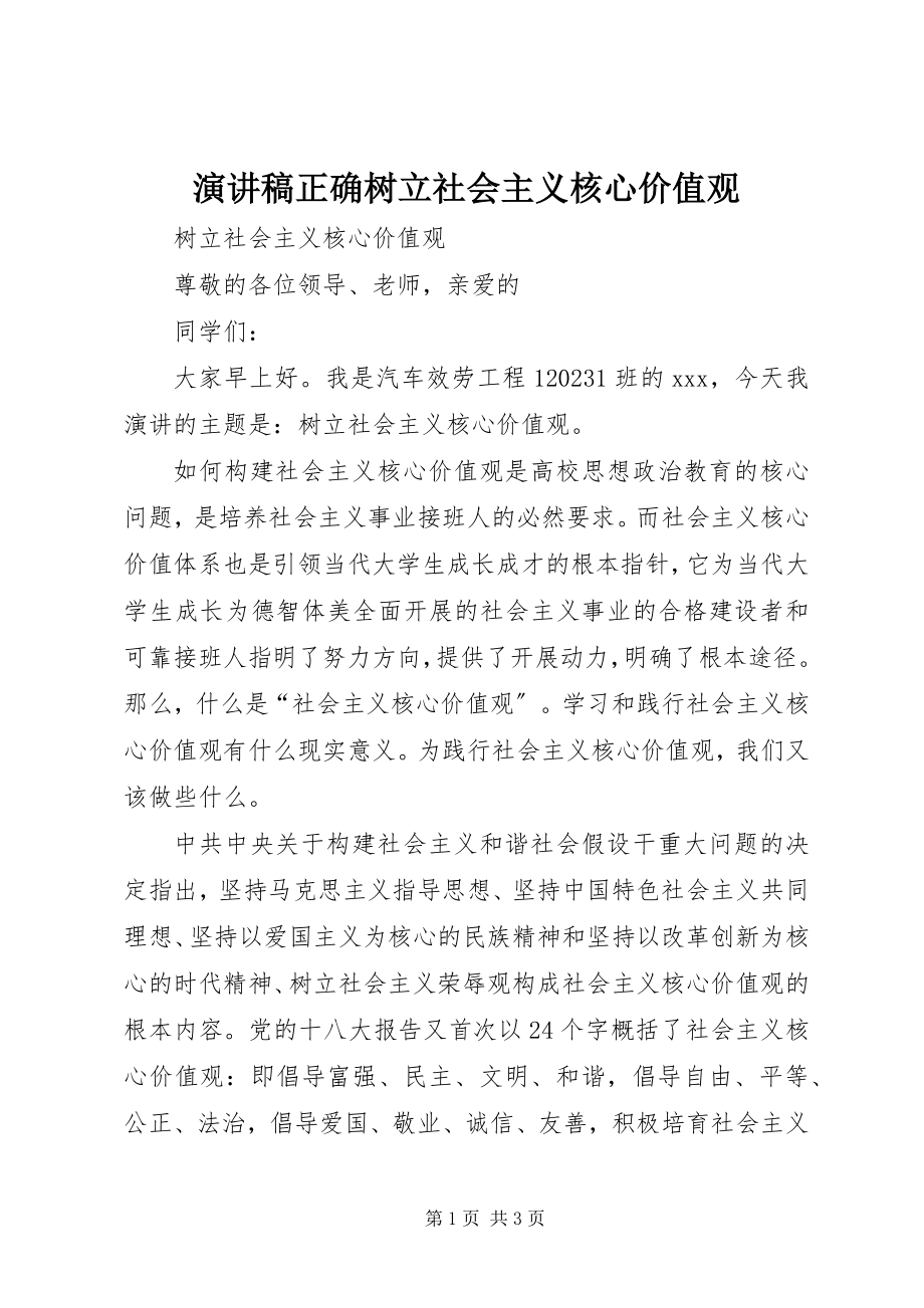 2023年演讲稿正确树立社会主义核心价值观.docx_第1页