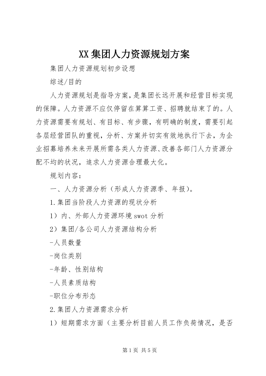 2023年XX集团人力资源规划方案新编.docx_第1页