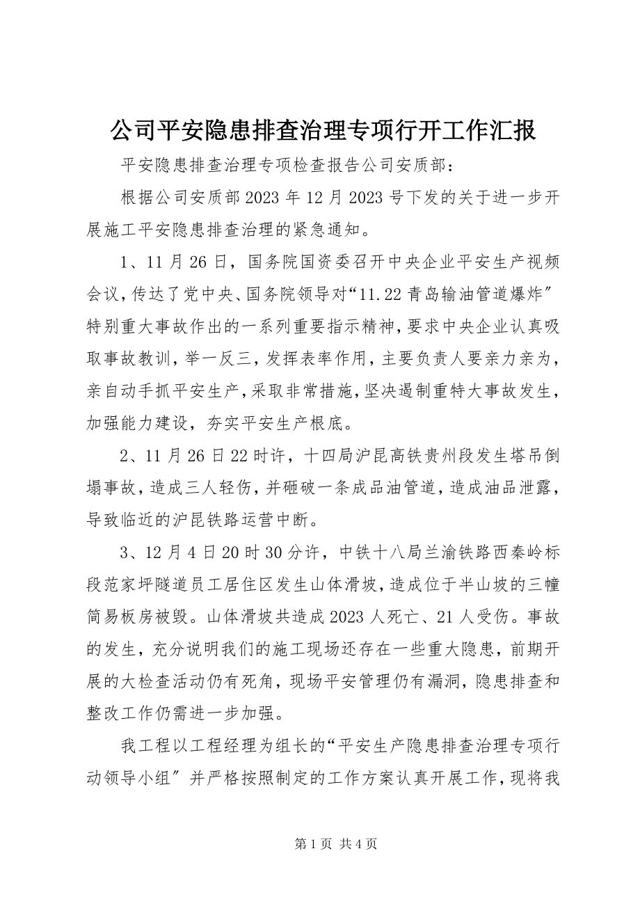 2023年公司安全隐患排查治理专项行动工作汇报.docx_第1页