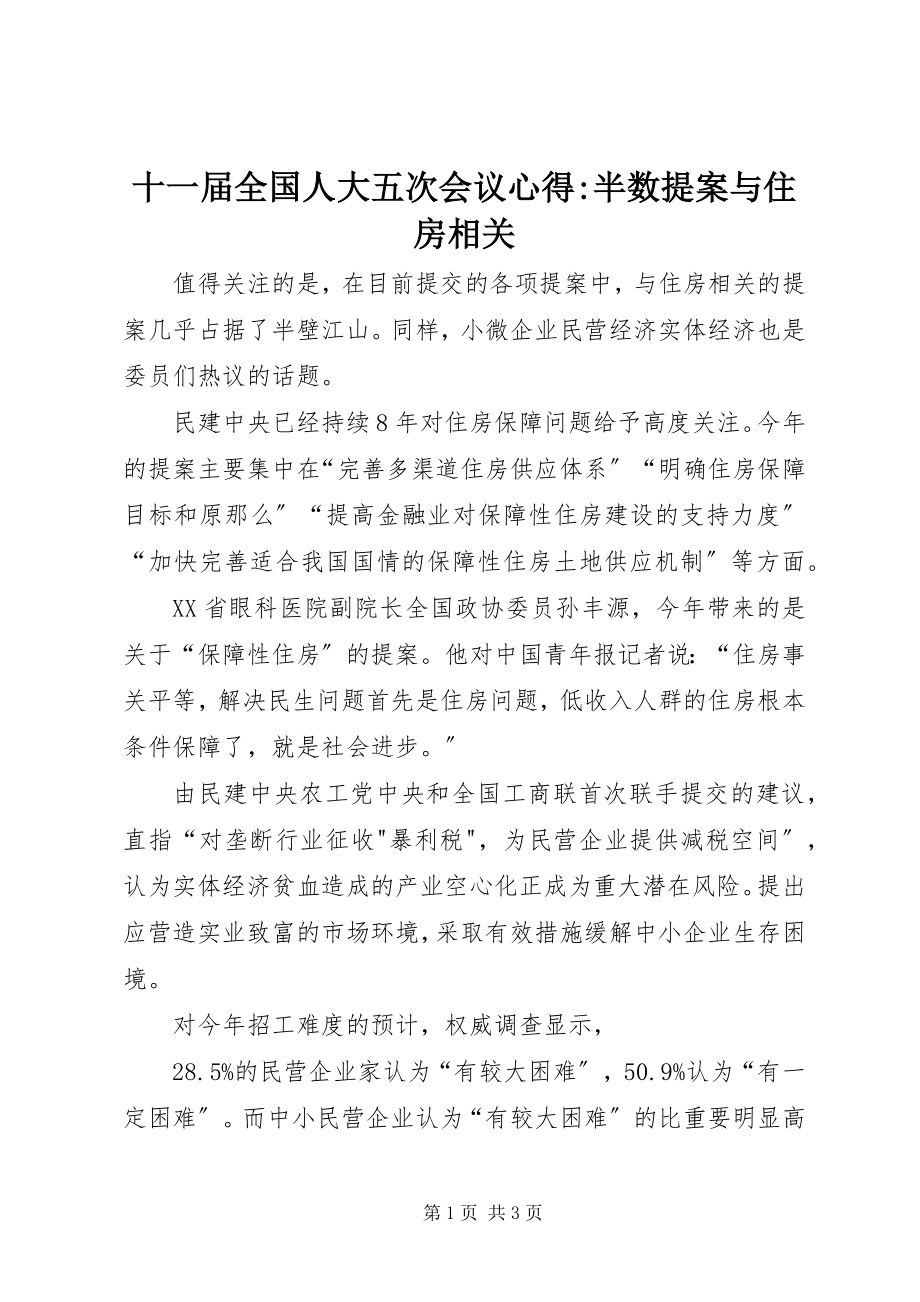 2023年十一届全国人大五次会议心得半数提案与住房相关.docx_第1页