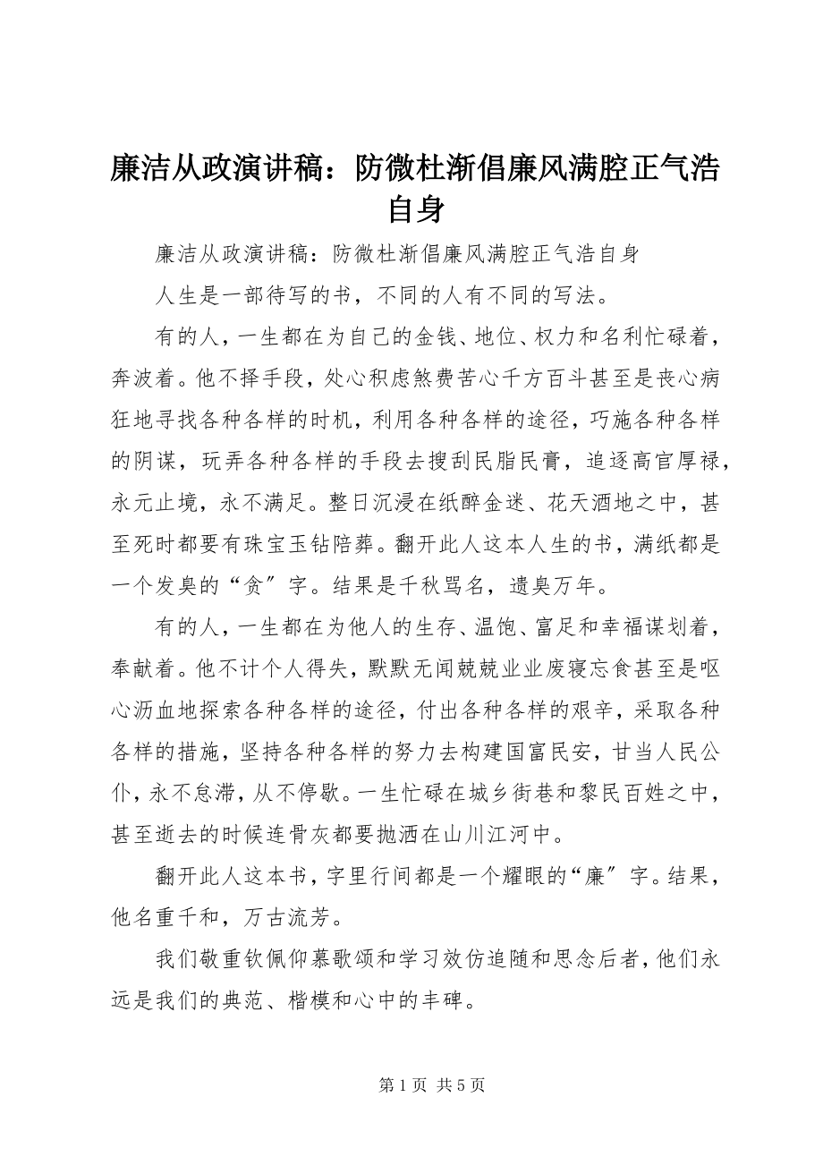 2023年廉洁从政演讲稿防微杜渐倡廉风满腔正气浩自身.docx_第1页