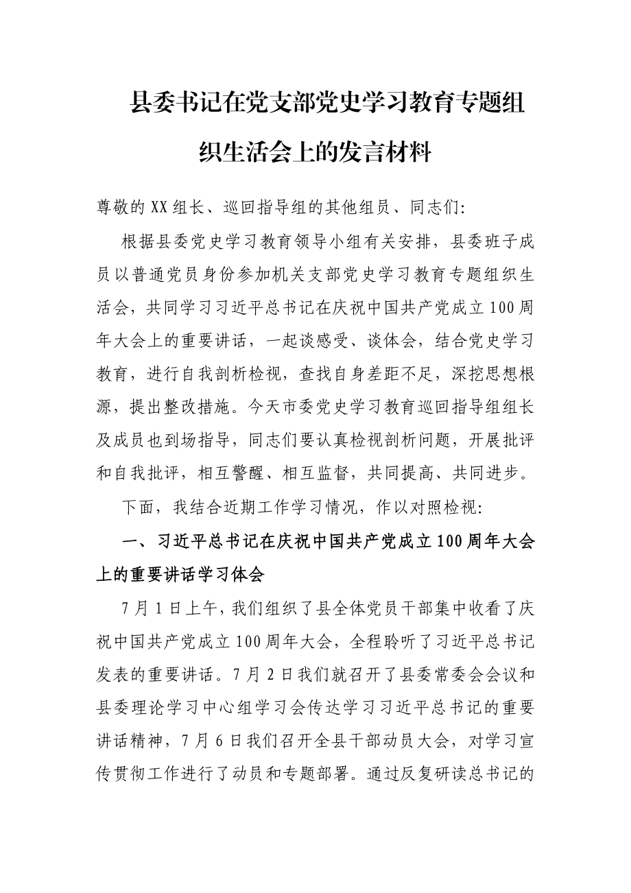 县委书记在党支部党史学习教育专题组织生活会上的发言材料.docx_第1页