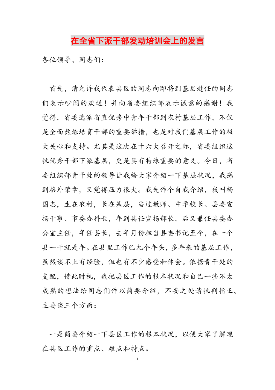 2023年在全省下派干部动员培训会上的发言2.doc_第1页