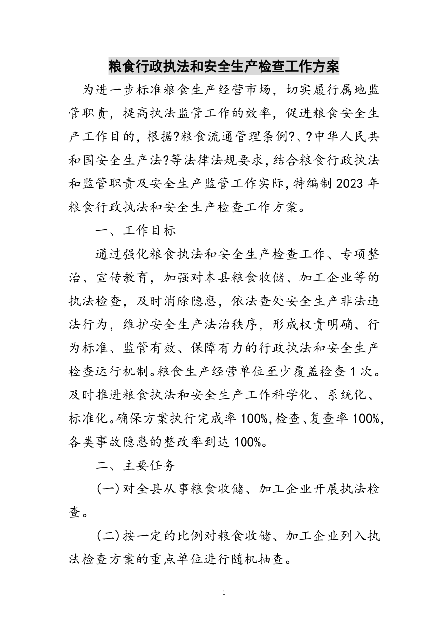 2023年粮食行政执法和安全生产检查工作计划范文.doc_第1页