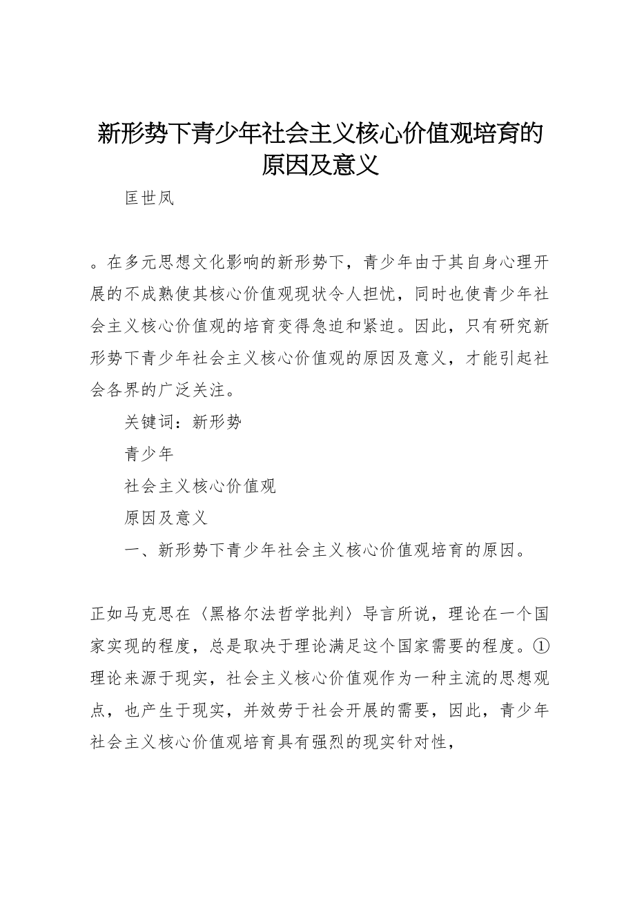 2023年新形势下青少年社会主义核心价值观培育的原因及意义.doc_第1页