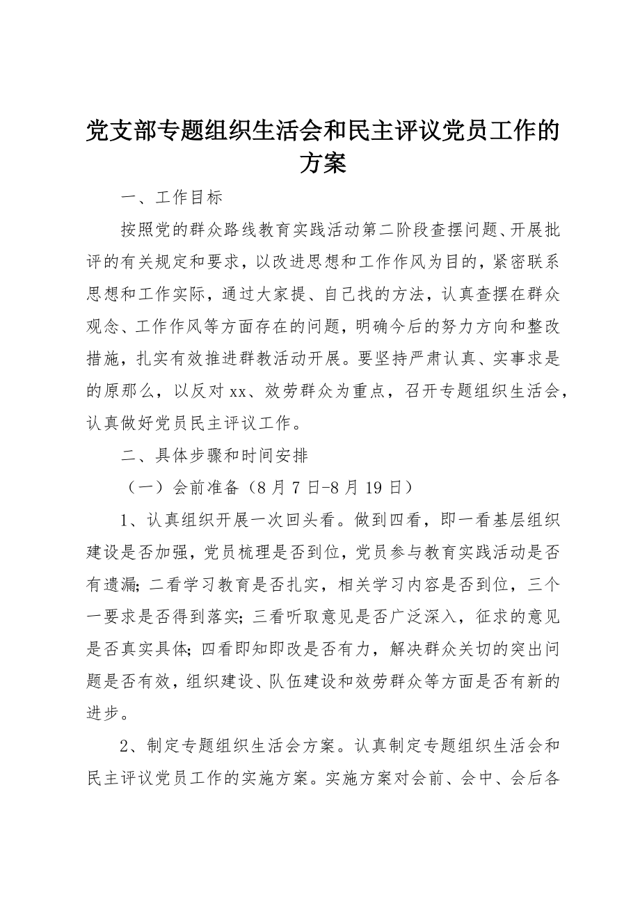 2023年党支部专题组织生活会和民主评议党员工作的方案.docx_第1页